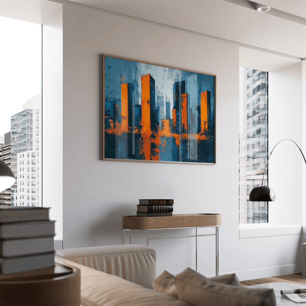 Blue and orange Cityscape Wall Art for home office wall decor