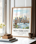 Travel poster style New York City Wall Art featuring skyscrapers and coordinate text