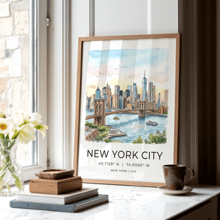 Travel poster style New York City Wall Art featuring skyscrapers and coordinate text