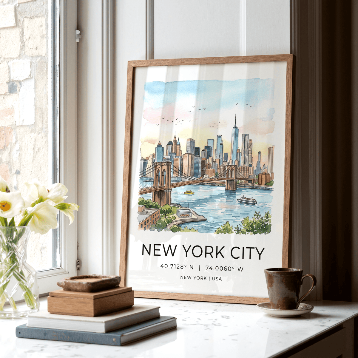 Travel poster style New York City Wall Art featuring skyscrapers and coordinate text
