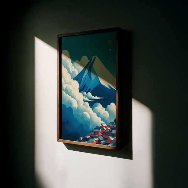 Illustrated Japanese Cloud Poster with central mountain motif