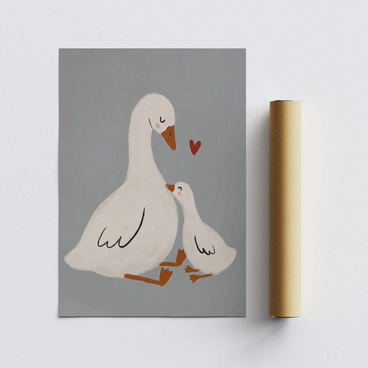 Centered Mother Goose Art Print with seated goose pair and heart accent