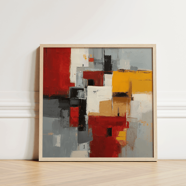 Colorful Abstract Poster Art in yellow, gray, red for modern entryway wall art