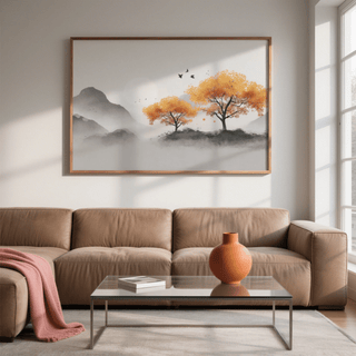 Minimalist Autumn Tree Wall Art poster with orange foliage for kitchen