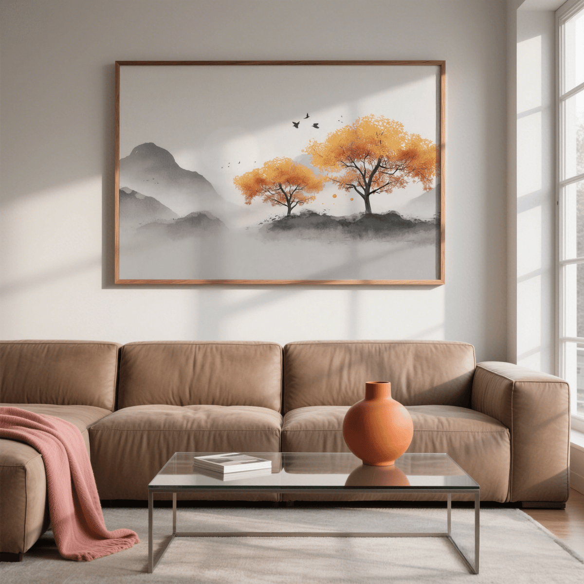 Minimalist Autumn Tree Wall Art poster with orange foliage for kitchen