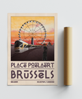 Traveler silhouette gazing toward Brussels rooftops in vintage print style