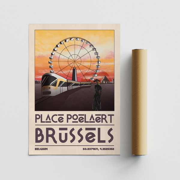 Traveler silhouette gazing toward Brussels rooftops in vintage print style