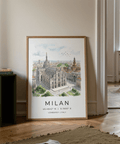 Bottom section of travel poster with MILAN typography, coordinates, and Lombardy Italy line in Black text on White space