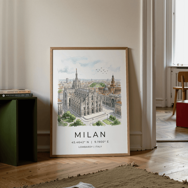 Bottom section of travel poster with MILAN typography, coordinates, and Lombardy Italy line in Black text on White space