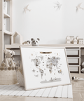 Childs World Map poster for homeschool space, Multicolored, Gray, White, fun map
