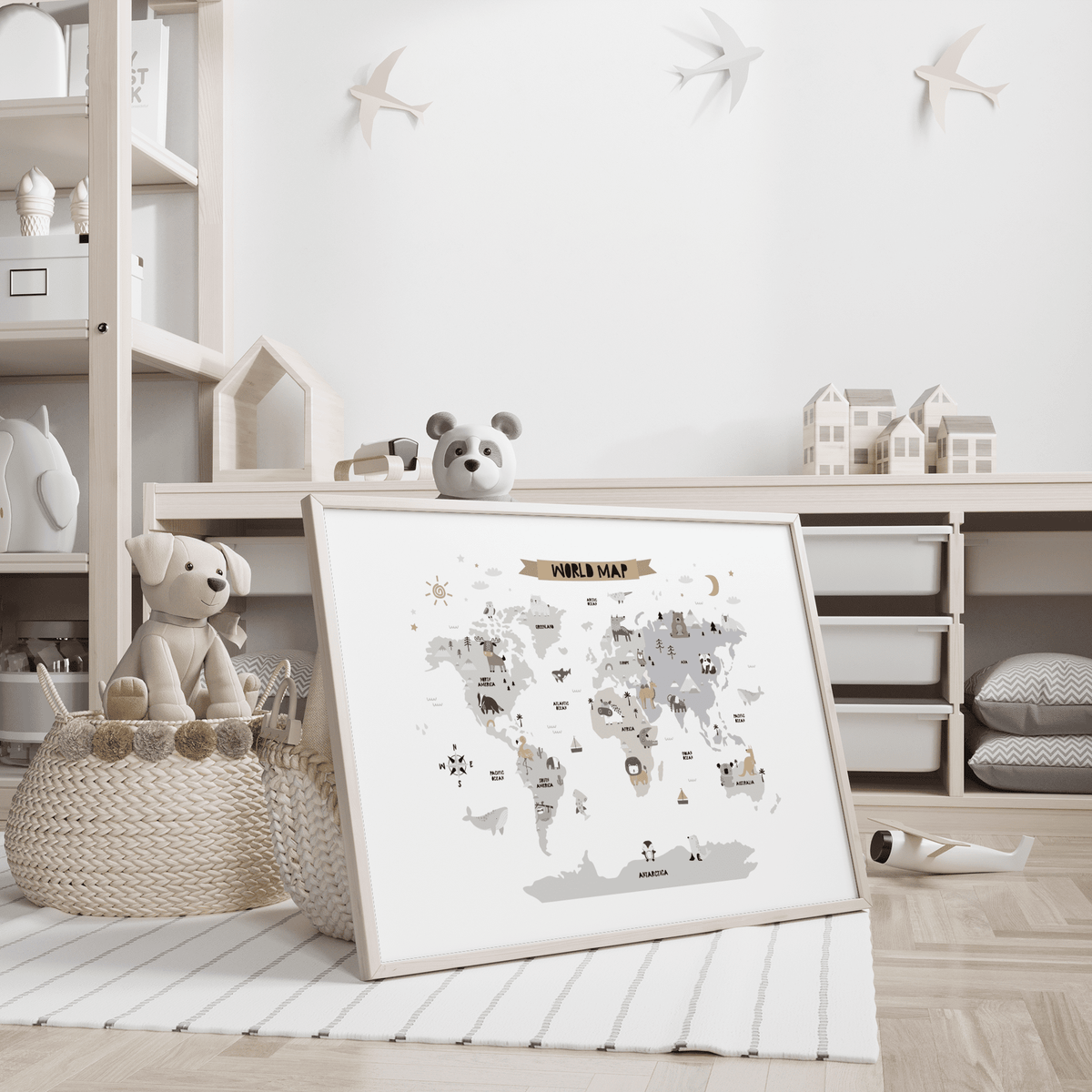 Childs World Map poster for homeschool space, Multicolored, Gray, White, fun map
