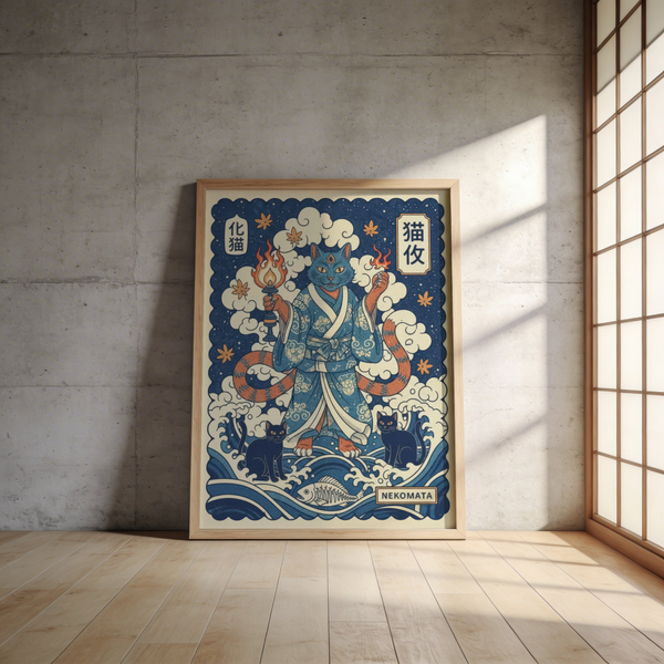 Mythic feline poster showing maple-like leaves around a torch-bearing spirit