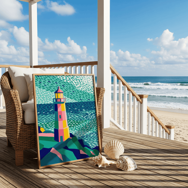 Colourful Lighthouse Print art print with green and yellow, designed for office space wall