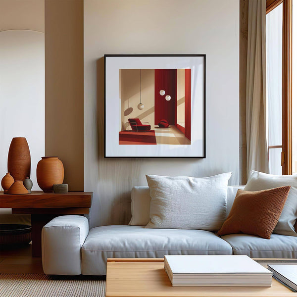 Minimalist mid-century red wall art print for sophisticated home interiors