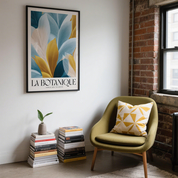 Decorative wall art blue and gold print with abstract leaves