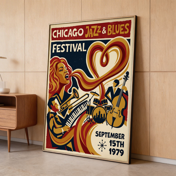 Graphic Chicago Jazz Festival Print poster reading Chicago Jazz & Blues Festival with 1979 date