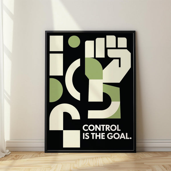Fitness motivation poster with bold abstract fist design and quote.