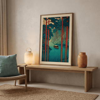 Woodblock-inspired landscape wall art print showing forest silhouettes and a quiet river bend