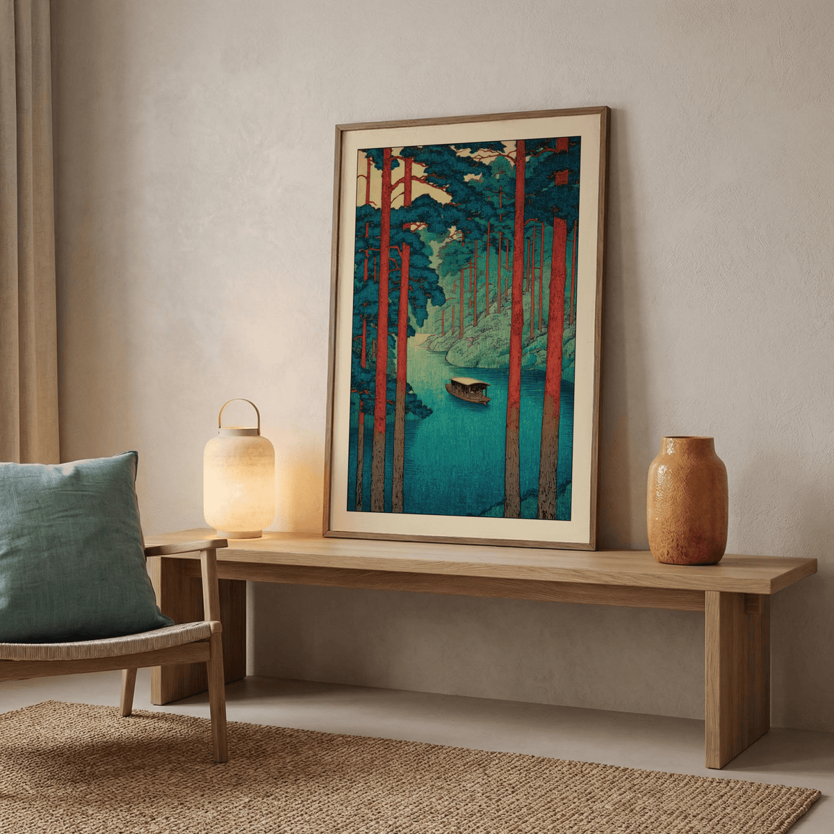Woodblock-inspired landscape wall art print showing forest silhouettes and a quiet river bend