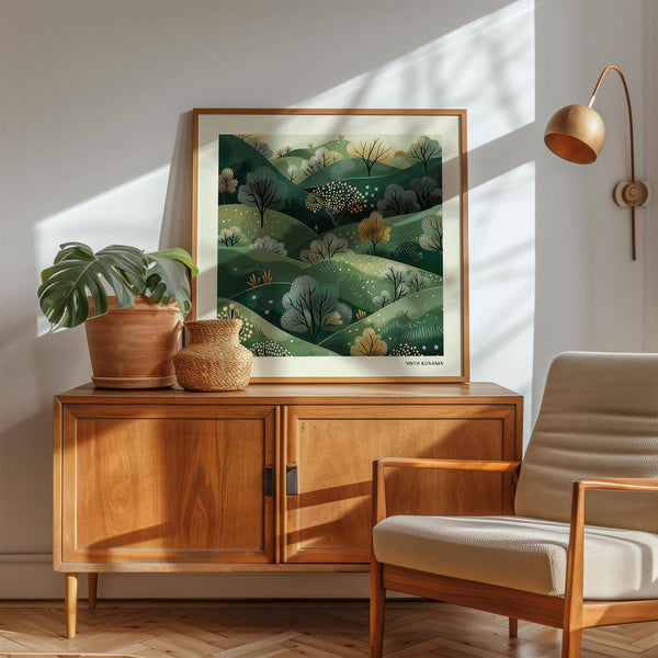 Contemporary large nature wall art featuring tranquil tree-lined hills