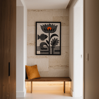Angled crop of lotus petals with orange sun-like circle on wall art print