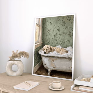 Golden Retriever Wall Art relaxing tub scene for cozy entryway poster