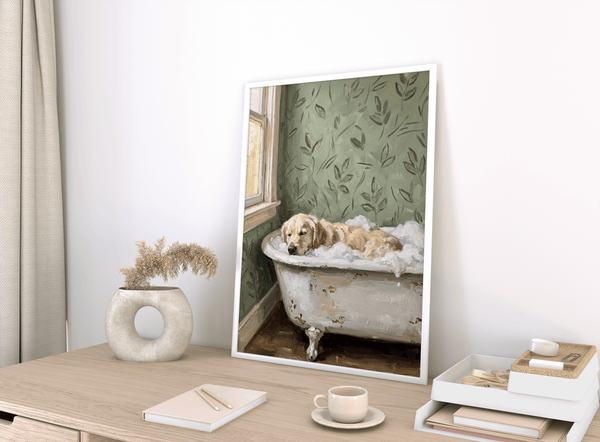 Golden Retriever Wall Art relaxing tub scene for cozy entryway poster