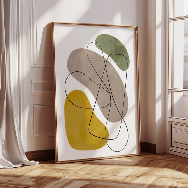 Geometric Abstract Poster with modern Yellow, Green, Brown, Beige shapes for bedroom