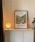 Illustrated skyline of Sarajevo with mosque minaret and terracotta roofs