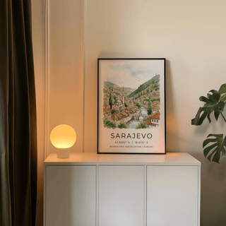 Illustrated skyline of Sarajevo with mosque minaret and terracotta roofs