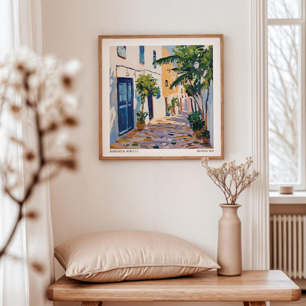 Expressive Morocco Wall Art showing warm walls and tropical trees.
