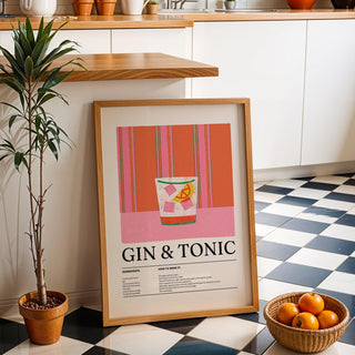 Illustrated kitchen art print of a refreshing gin and tonic drink.