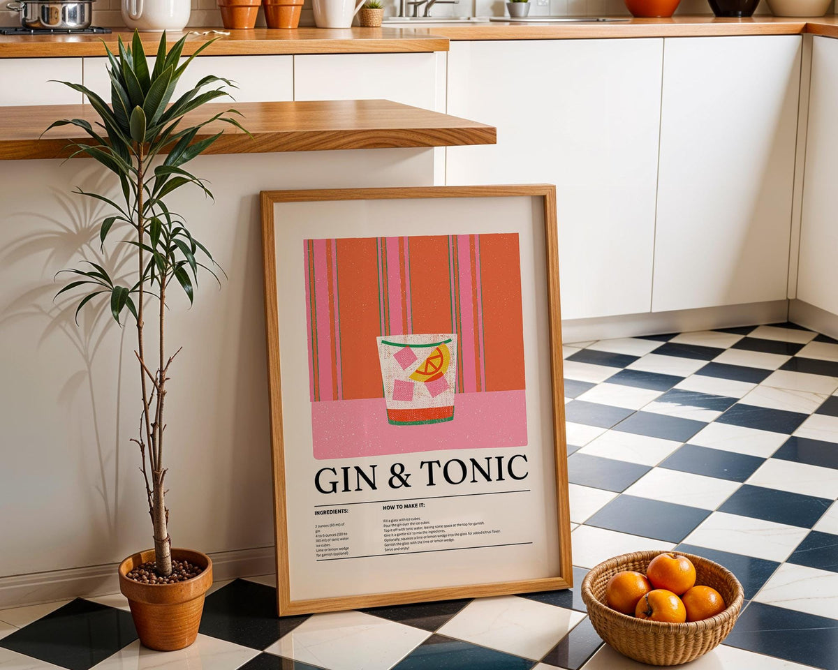 Illustrated kitchen art print of a refreshing gin and tonic drink.