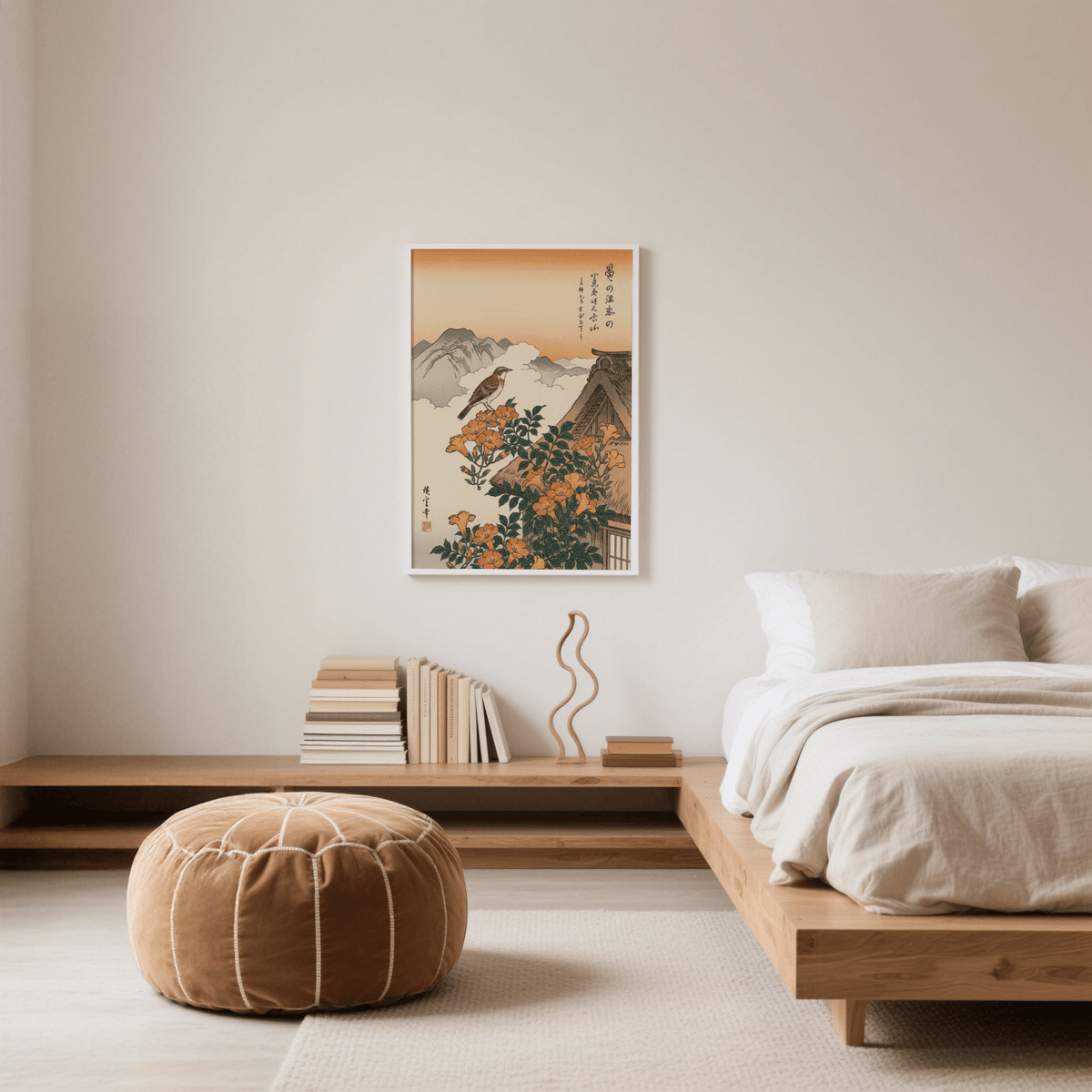 Mountain Landscape Poster in beige, orange, and green tones for cozy bedroom decor