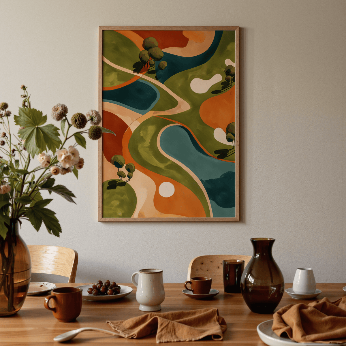 Colorful poster of a golf course blueprint with orange fairways and blue water