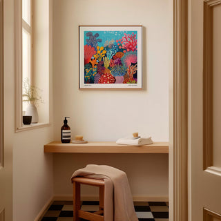 Pink and yellow coral branches stand out in this eye-catching under sea poster.