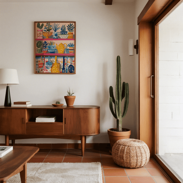 Boho Kitchen Print in a colorful kitchen, orange, blue, pink art print