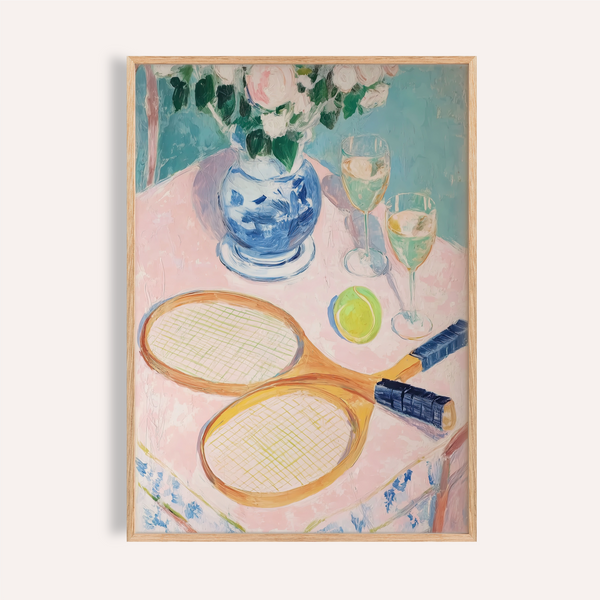Painted wall art poster of tennis rackets, ball, and vase of flowers on a table