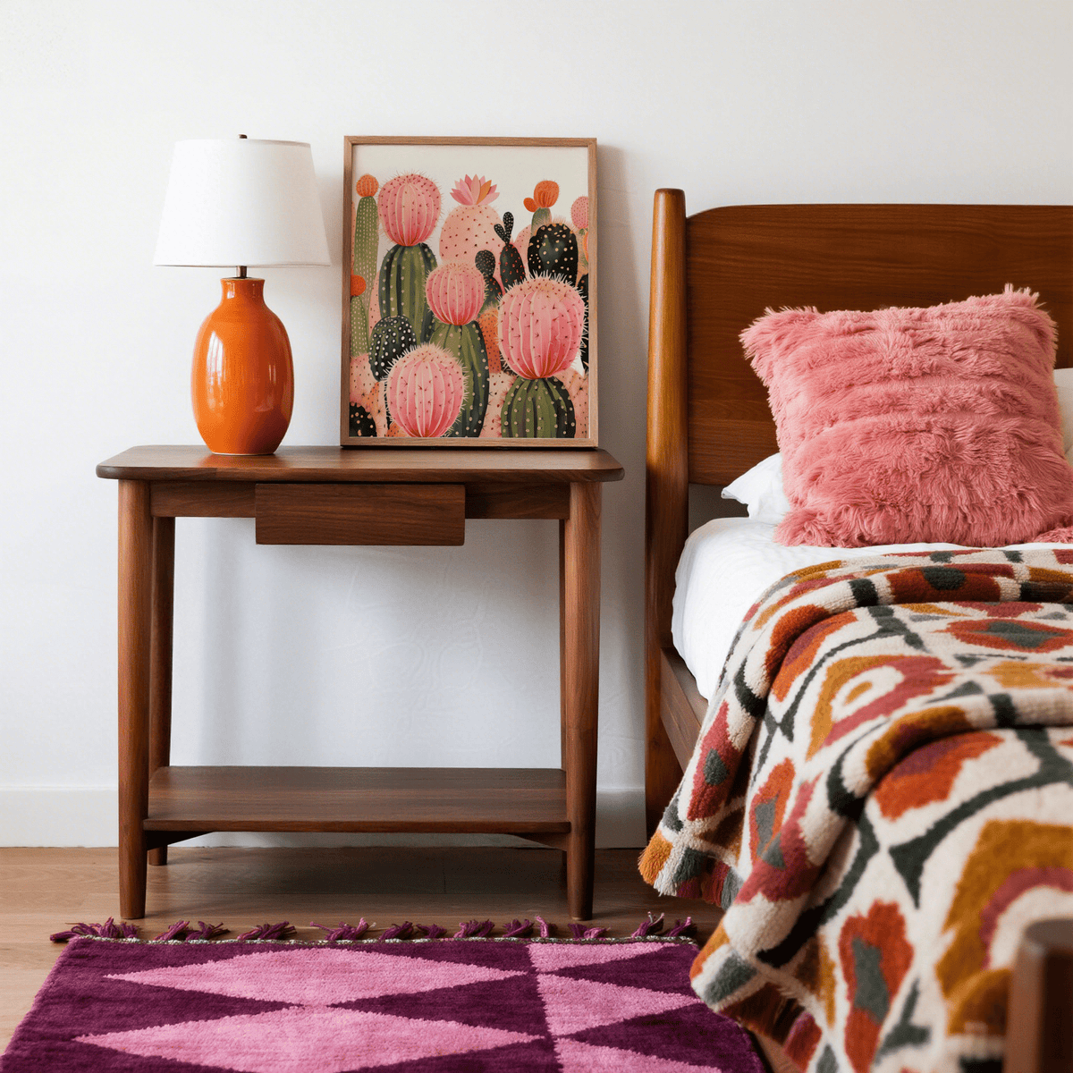 Pink Cactus Print dining room poster with Green and Orange hues