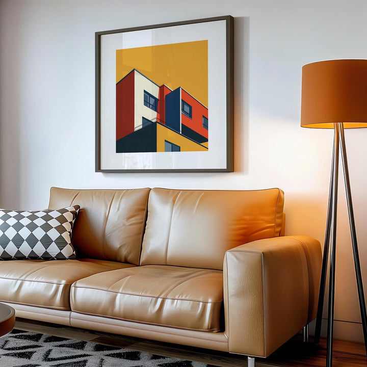 Bauhaus Architecture Print hanging above a tan leather sofa with a patterned cushion and orange lamp