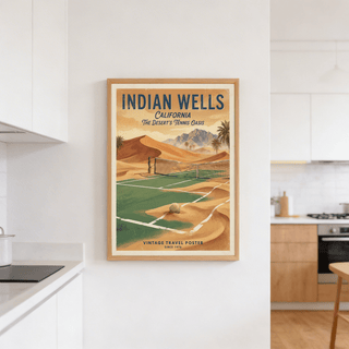 Displaying an Indian Wells desert tennis poster print with palm trees and a worn vintage texture