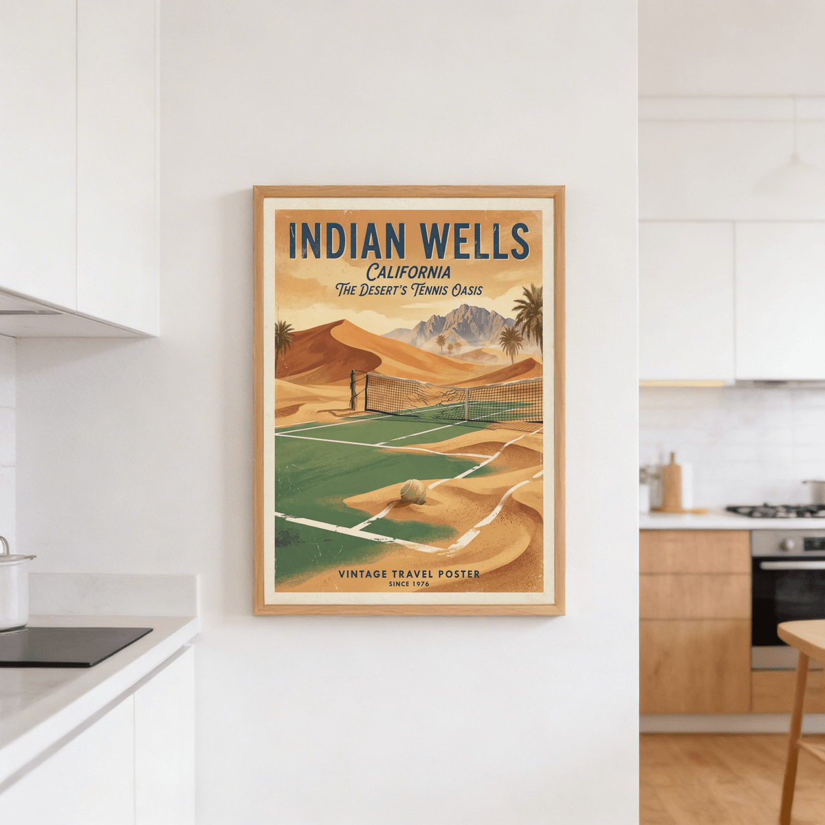 Displaying an Indian Wells desert tennis poster print with palm trees and a worn vintage texture