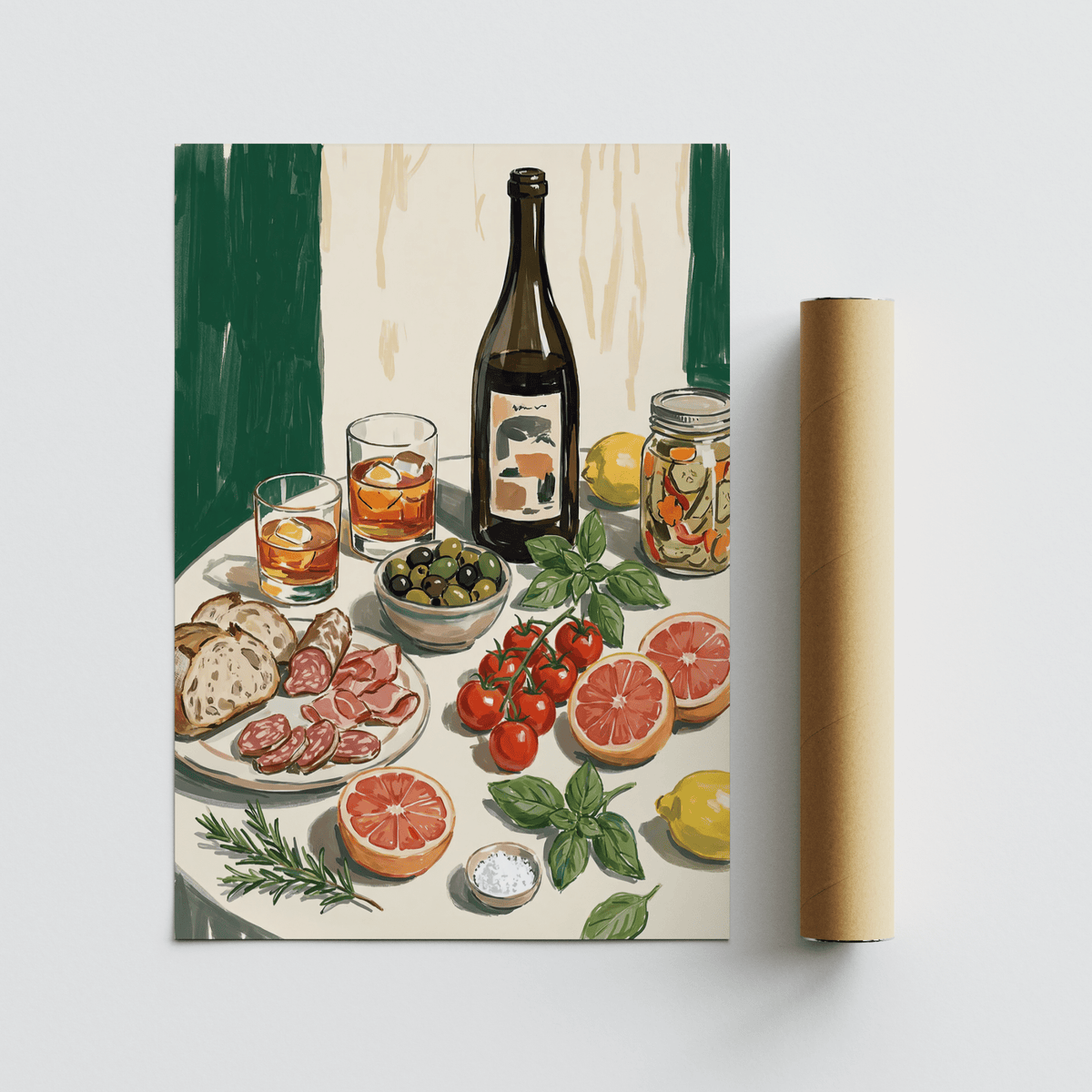 Food and Drink Art Print for culinary-themed dining room in green, white, multicolored