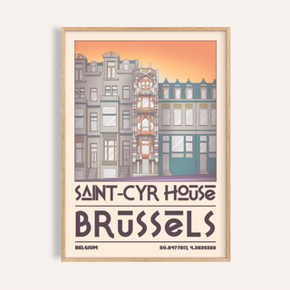 Saint Cyr House poster framed close-up showing an illustration of a grey building with an orange sunset sky