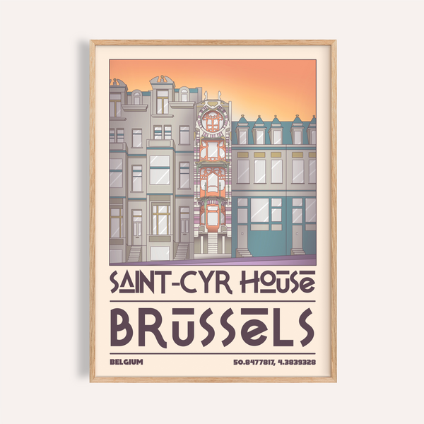 Featuring the Saint Cyr House Poster, architectural Brussels print with facade illustration and large SAINT-CYR HOUSE text