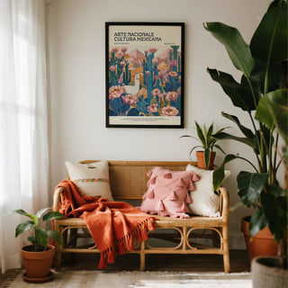 Pink and orange mountain landscape with flora in Mexican Wall Decor.