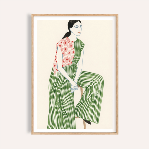 Fashion Illustration Art Print depicting seated woman with striped green dress and pink floral blouse