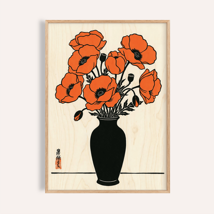 Floral Wall Art Poster in orange, black, and beige for living room wall art print