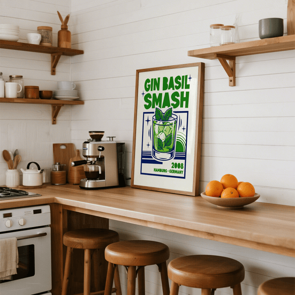 Gin Basil Smash Poster perfect for bar area with modern Green and Blue design