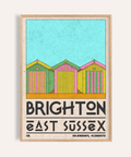 Brighton Travel Print showing three striped beach huts and bold location type